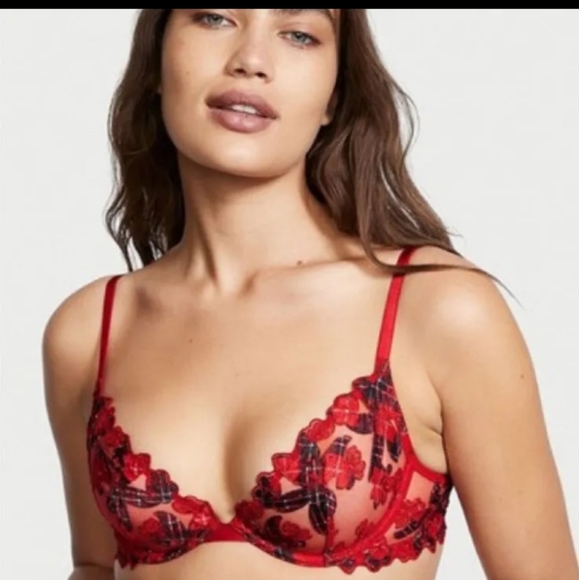 Victoria Secret-Red & Black Sheer Floral & Plaid Low Cut Demi Balconette Bra-32D - Picture 2 of 3